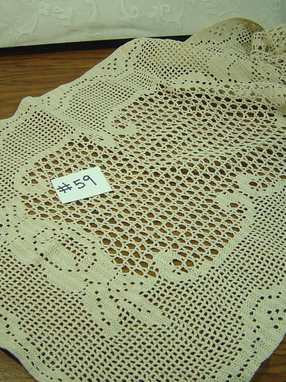 Hand made filet crocheted runner-ecru colored-15" x37"